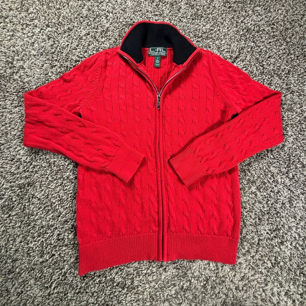 Lauren Ralph Lauren Active Red Cable Knit Sweater Full Zip Women’s Size Small